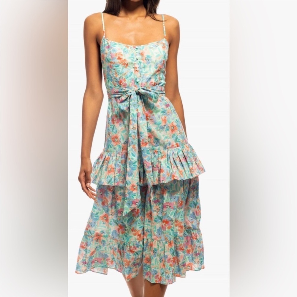 Shoshanna Betta Floral Printed Midi Sleeveless strappy Tiered Coquette Dress 12
